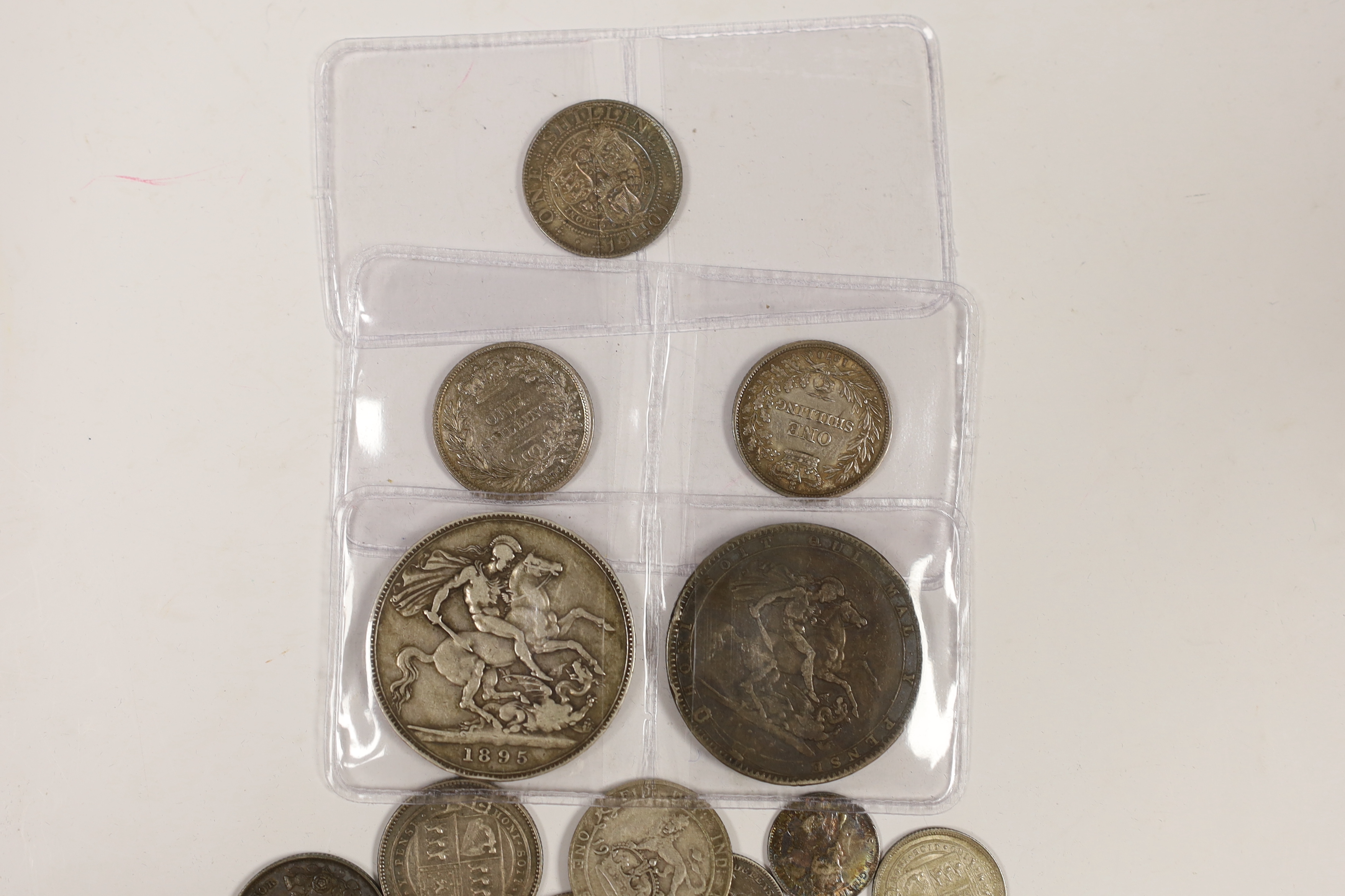 British silver coins, George III to George V, including a William IV shilling 1834, VF, various Victoria shillings 1870, VF, 1901 good VF etc. two crowns, 1819 and 1895, and mixed George III and later silver